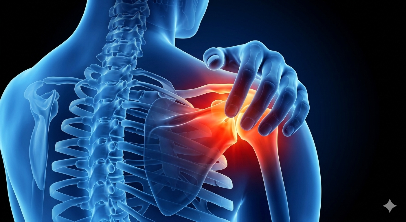X-ray style image showing shoulder pain or discomfort