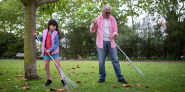 A grandfather and granddaughter raking autumn leaves together in a yard